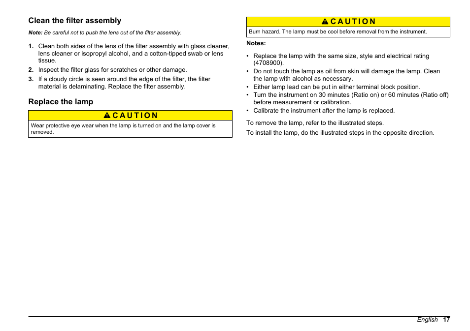 Clean the filter assembly, Replace the lamp, Clean the filter | Assembly | Hach-Lange 2100 AN Laboratory Turbidimeter Basic User Manual User Manual | Page 17 / 86