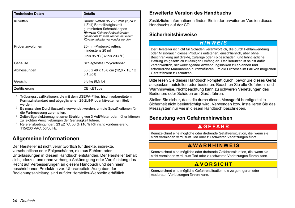 Allgemeine informationen, Erweiterte version des handbuchs, Sicherheitshinweise | Bedeutung von gefahrenhinweisen | Hach-Lange 2100 AN Laboratory Turbidimeter Basic User Manual User Manual | Page 24 / 86