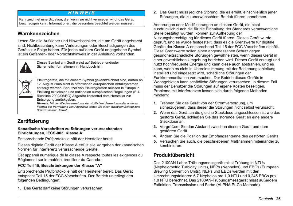 Warnkennzeichen, Zertifizierung, Produktübersicht | Hach-Lange 2100 AN Laboratory Turbidimeter Basic User Manual User Manual | Page 25 / 86