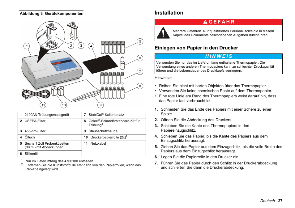 Installation, Einlegen von papier in den drucker | Hach-Lange 2100 AN Laboratory Turbidimeter Basic User Manual User Manual | Page 27 / 86