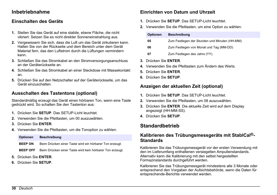 Inbetriebnahme, Einschalten des geräts, Ausschalten des tastentons (optional) | Einrichten von datum und uhrzeit, Anzeigen der aktuellen zeit (optional), Standardbetrieb, Auf seite 30 | Hach-Lange 2100 AN Laboratory Turbidimeter Basic User Manual User Manual | Page 30 / 86