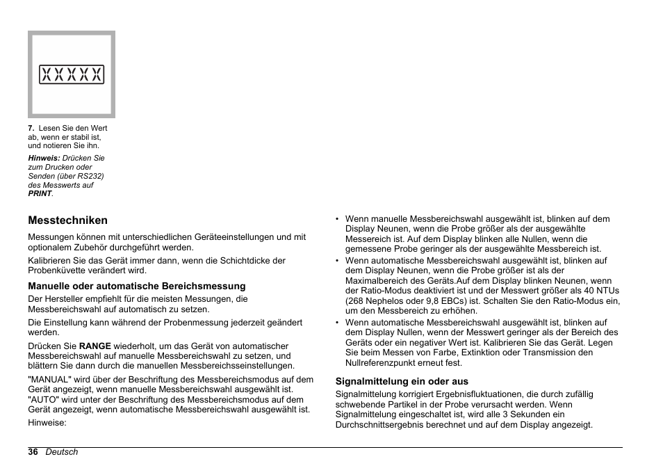 Messtechniken, Manuelle oder automatische bereichsmessung, Signalmittelung ein oder aus | Hach-Lange 2100 AN Laboratory Turbidimeter Basic User Manual User Manual | Page 36 / 86