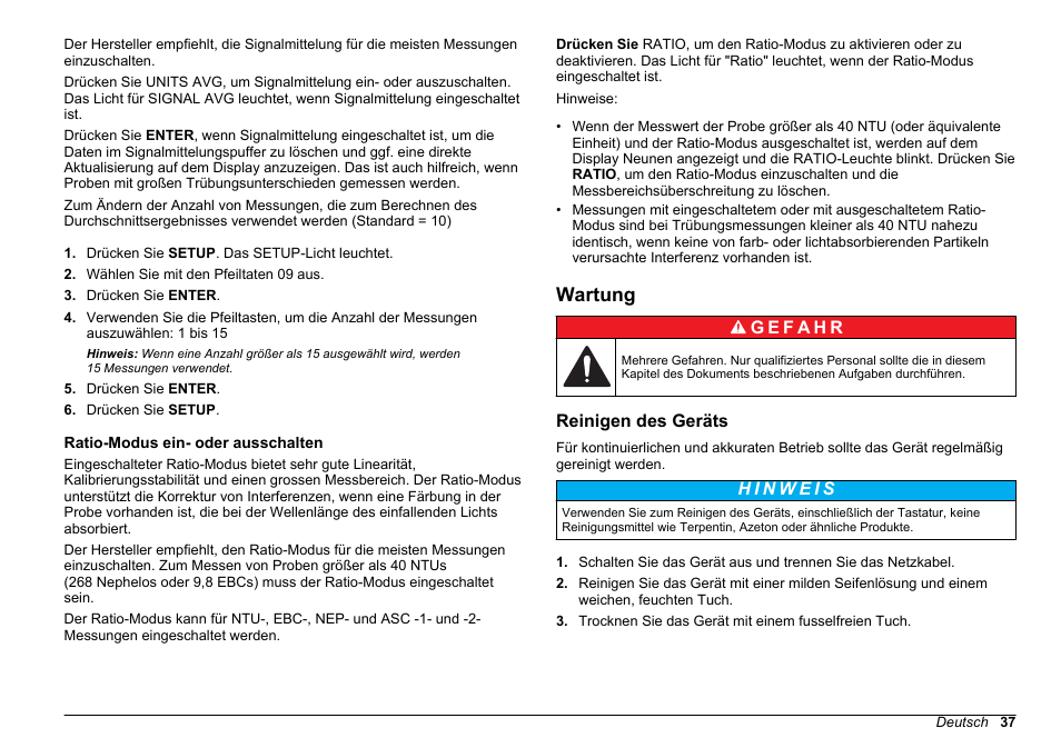 Ratio-modus ein- oder ausschalten, Wartung, Reinigen des geräts | Auf seite 37 | Hach-Lange 2100 AN Laboratory Turbidimeter Basic User Manual User Manual | Page 37 / 86