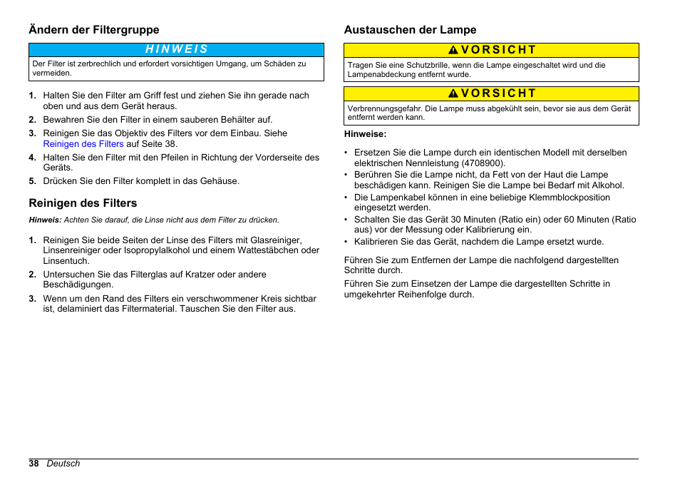 Ändern der filtergruppe, Reinigen des filters, Austauschen der lampe | Filters. siehe, Reinigen, Des filters | Hach-Lange 2100 AN Laboratory Turbidimeter Basic User Manual User Manual | Page 38 / 86