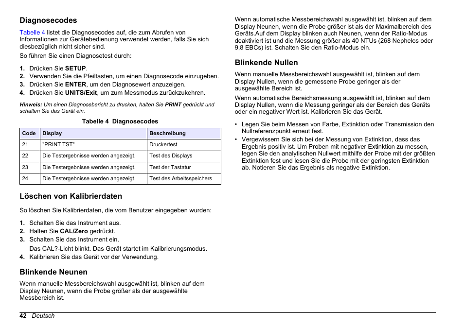 Diagnosecodes, Löschen von kalibrierdaten, Blinkende neunen | Blinkende nullen | Hach-Lange 2100 AN Laboratory Turbidimeter Basic User Manual User Manual | Page 42 / 86
