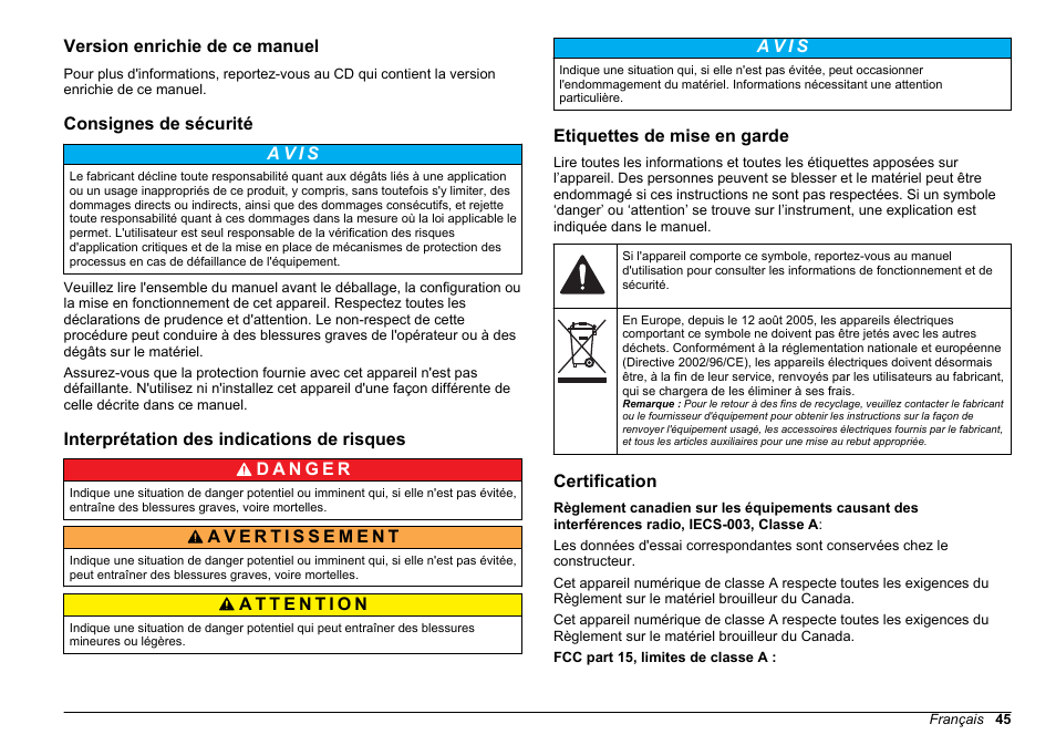 Version enrichie de ce manuel, Consignes de sécurité, Interprétation des indications de risques | Etiquettes de mise en garde, Certification | Hach-Lange 2100 AN Laboratory Turbidimeter Basic User Manual User Manual | Page 45 / 86