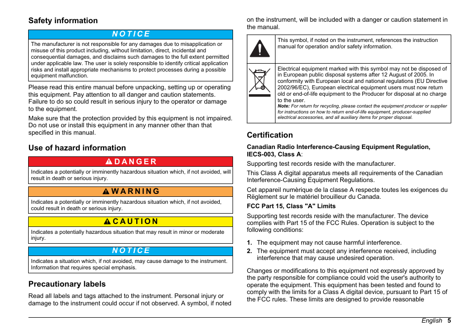 Safety information, Use of hazard information, Precautionary labels | Certification | Hach-Lange 2100 AN Laboratory Turbidimeter Basic User Manual User Manual | Page 5 / 86