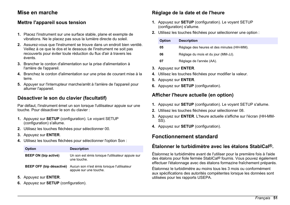 Mise en marche, Mettre l'appareil sous tension, Désactiver le son du clavier (facultatif) | Réglage de la date et de l'heure, Afficher l'heure actuelle (en option), Fonctionnement standard | Hach-Lange 2100 AN Laboratory Turbidimeter Basic User Manual User Manual | Page 51 / 86