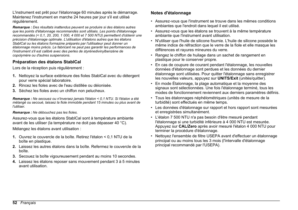 Préparation des étalons stablcal, Notes d'étalonnage | Hach-Lange 2100 AN Laboratory Turbidimeter Basic User Manual User Manual | Page 52 / 86