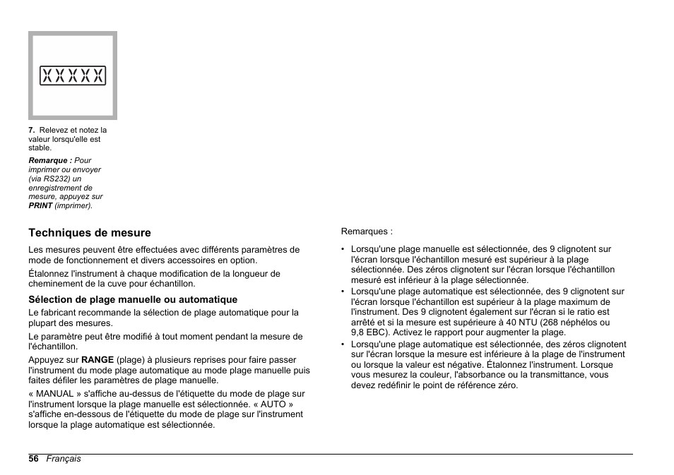 Techniques de mesure, Sélection de plage manuelle ou automatique | Hach-Lange 2100 AN Laboratory Turbidimeter Basic User Manual User Manual | Page 56 / 86