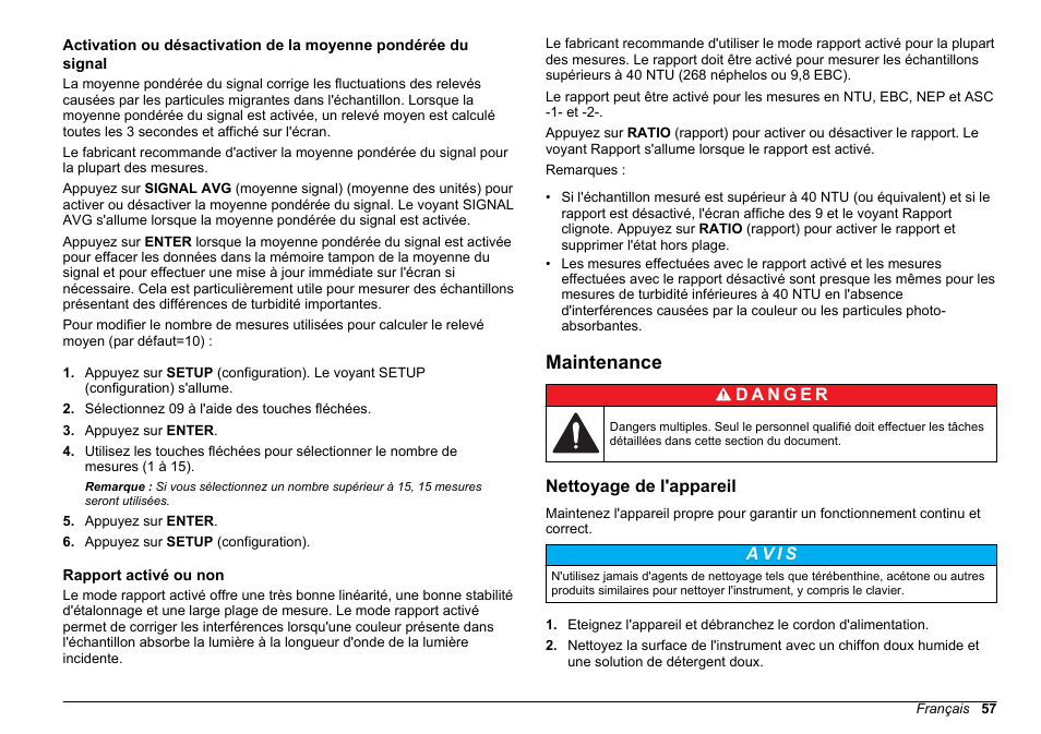 Rapport activé ou non, Maintenance, Nettoyage de l'appareil | Hach-Lange 2100 AN Laboratory Turbidimeter Basic User Manual User Manual | Page 57 / 86