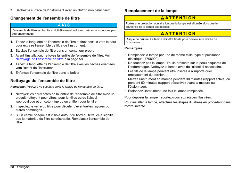 Changement de l'ensemble de filtre, Nettoyage de l'ensemble de filtre, Remplacement de la lampe | Usepa. voir, Nettoyage, De l'ensemble de filtre | Hach-Lange 2100 AN Laboratory Turbidimeter Basic User Manual User Manual | Page 58 / 86