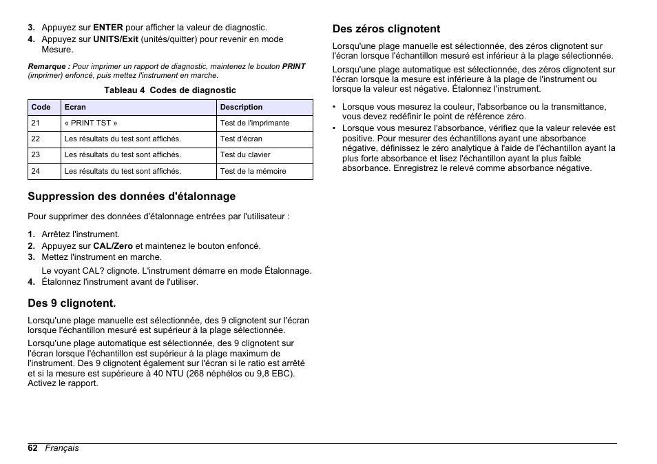 Suppression des données d'étalonnage, Des 9 clignotent, Des zéros clignotent | Hach-Lange 2100 AN Laboratory Turbidimeter Basic User Manual User Manual | Page 62 / 86
