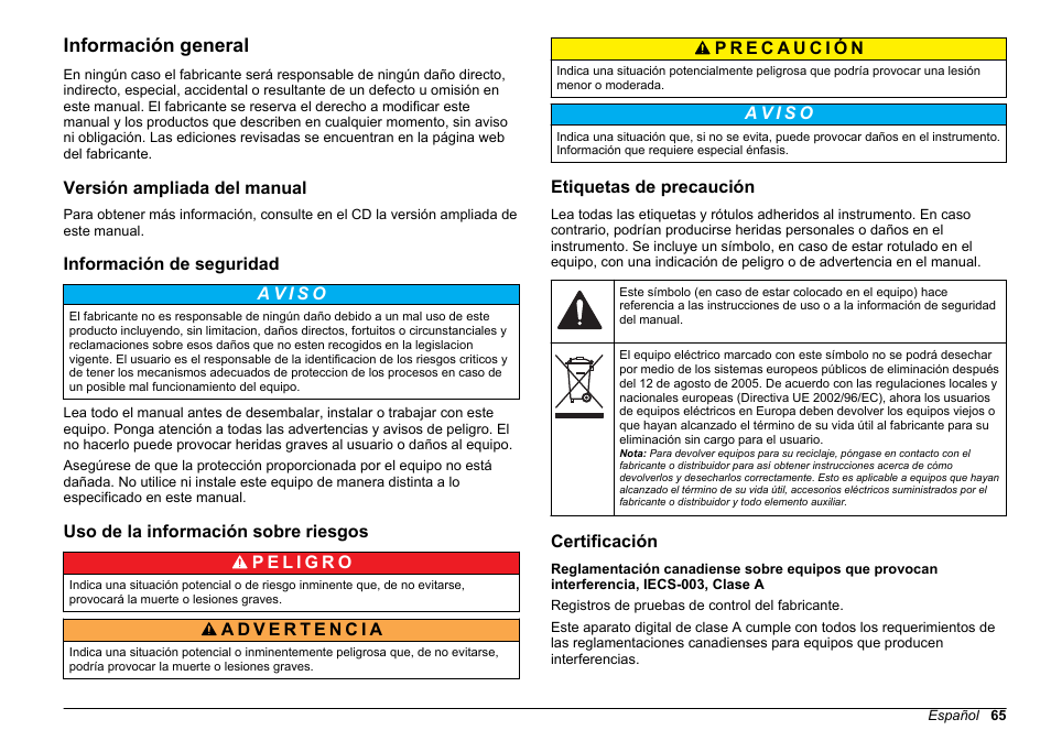 Información general, Versión ampliada del manual, Información de seguridad | Uso de la información sobre riesgos, Etiquetas de precaución, Certificación | Hach-Lange 2100 AN Laboratory Turbidimeter Basic User Manual User Manual | Page 65 / 86