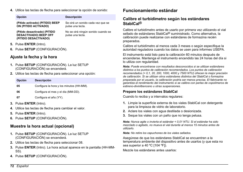 Ajuste la fecha y la hora, Muestre la hora actual (opcional), Funcionamiento estándar | Prepare los estándares stablcal | Hach-Lange 2100 AN Laboratory Turbidimeter Basic User Manual User Manual | Page 72 / 86