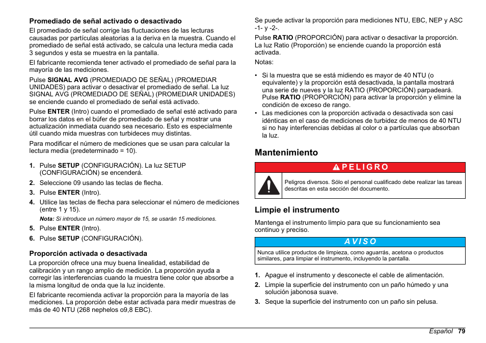 Promediado de señal activado o desactivado, Proporción activada o desactivada, Mantenimiento | Limpie el instrumento | Hach-Lange 2100 AN Laboratory Turbidimeter Basic User Manual User Manual | Page 79 / 86