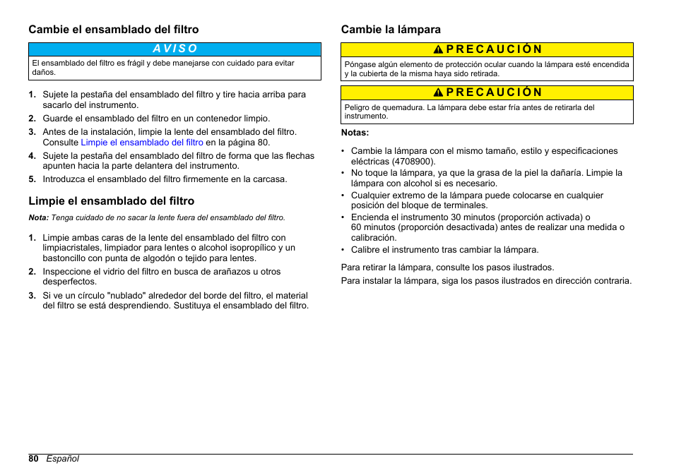 Cambie el ensamblado del filtro, Limpie el ensamblado del filtro, Cambie la lámpara | Hach-Lange 2100 AN Laboratory Turbidimeter Basic User Manual User Manual | Page 80 / 86