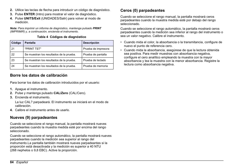 Borre los datos de calibración, Nueves (9) parpadeantes, Ceros (0) parpadeantes | Hach-Lange 2100 AN Laboratory Turbidimeter Basic User Manual User Manual | Page 84 / 86