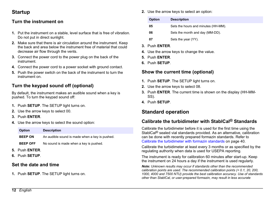 Startup, Turn the instrument on, Turn the keypad sound off (optional) | Set the date and time, Show the current time (optional), Standard operation, Calibrate the turbidimeter with stablcal, Standards | Hach-Lange 2100 AN Laboratory Turbidimeter User Manual User Manual | Page 14 / 60