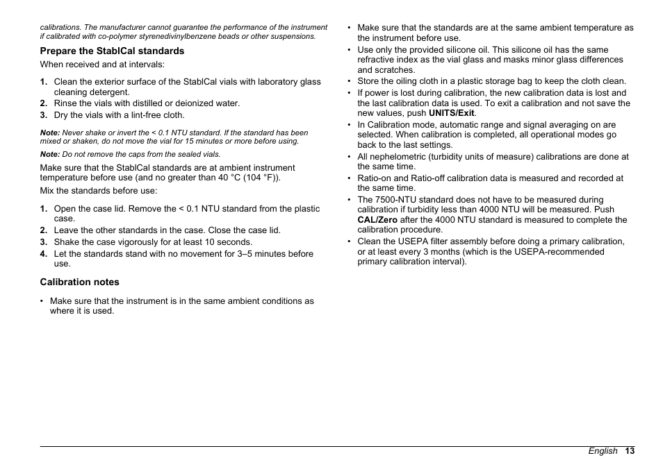 Prepare the stablcal standards, Calibration notes, Prepare the stablcal standards calibration notes | Hach-Lange 2100 AN Laboratory Turbidimeter User Manual User Manual | Page 15 / 60