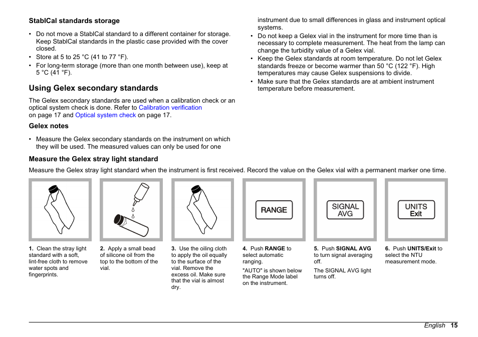 Stablcal standards storage, Using gelex secondary standards, Gelex notes | Measure the gelex stray light standard, Gelex notes measure the gelex stray light standard | Hach-Lange 2100 AN Laboratory Turbidimeter User Manual User Manual | Page 17 / 60