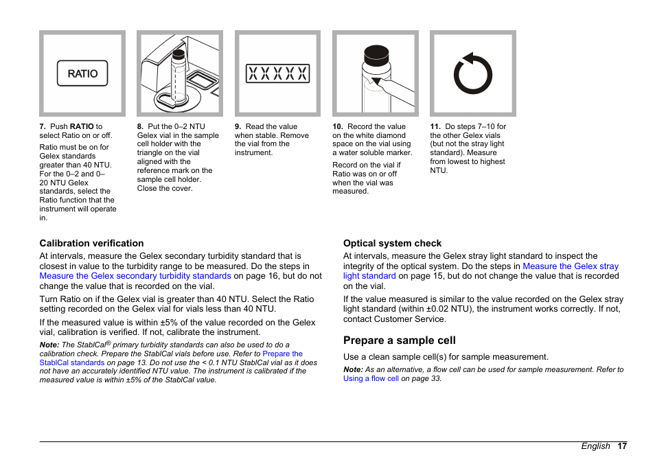 Calibration verification, Optical system check, Prepare a sample cell | Calibration verification optical system check, Optical system check is done. refer to | Hach-Lange 2100 AN Laboratory Turbidimeter User Manual User Manual | Page 19 / 60