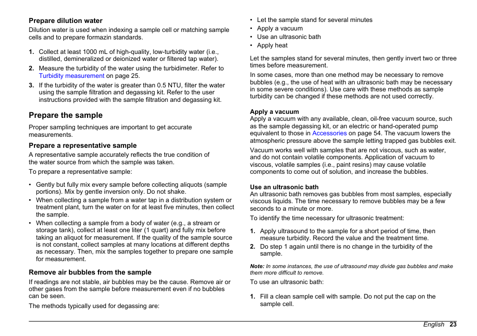 Prepare dilution water, Prepare the sample, Prepare a representative sample | Remove air bubbles from the sample, Apply a vacuum, Use an ultrasonic bath, Apply a vacuum use an ultrasonic bath, Prepare, Dilution water | Hach-Lange 2100 AN Laboratory Turbidimeter User Manual User Manual | Page 25 / 60