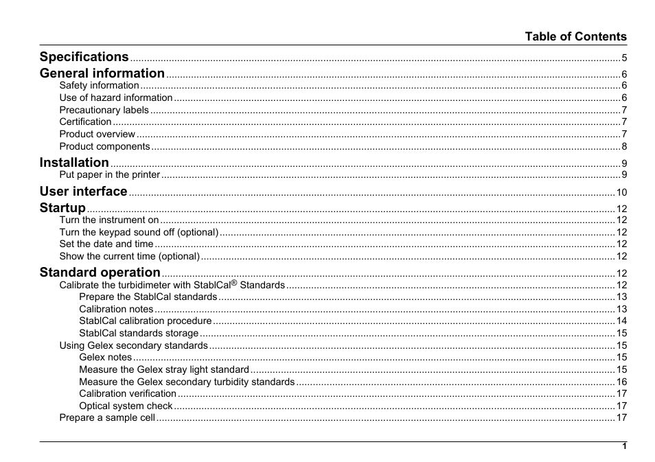 Specifications, General information, Installation | User interface, Startup, Standard operation | Hach-Lange 2100 AN Laboratory Turbidimeter User Manual User Manual | Page 3 / 60