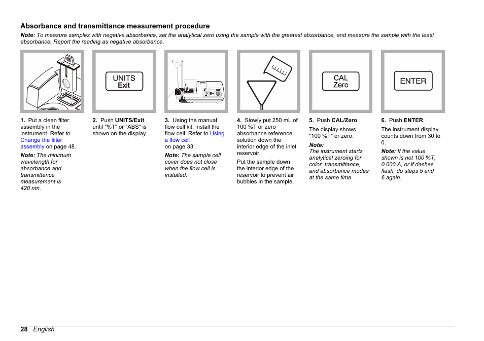 Absorbance and transmittance measurement procedure, Hours as shown in, Absorbance and transmittance measurement | Procedure | Hach-Lange 2100 AN Laboratory Turbidimeter User Manual User Manual | Page 30 / 60