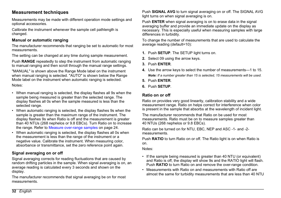 Measurement techniques, Manual or automatic ranging, Signal averaging on or off | Ratio on or off, Manual or, Automatic ranging | Hach-Lange 2100 AN Laboratory Turbidimeter User Manual User Manual | Page 34 / 60