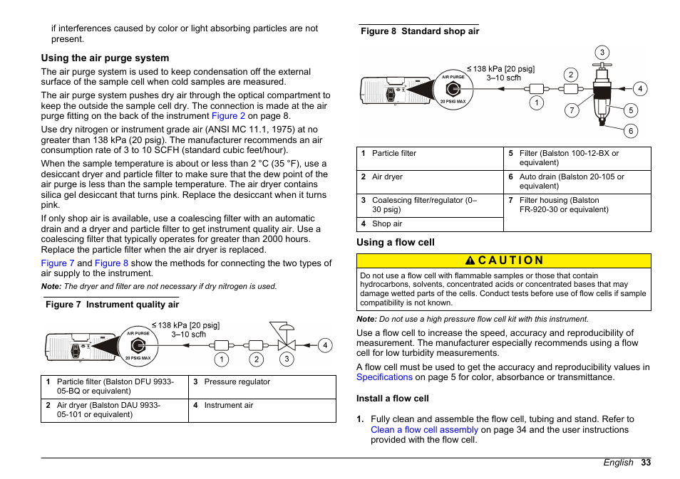 Using the air purge system, Using a flow cell, Install a flow cell | Using the air purge system using a flow cell, Using the air purge, System, Flow cell. refer to, Using, A flow cell | Hach-Lange 2100 AN Laboratory Turbidimeter User Manual User Manual | Page 35 / 60