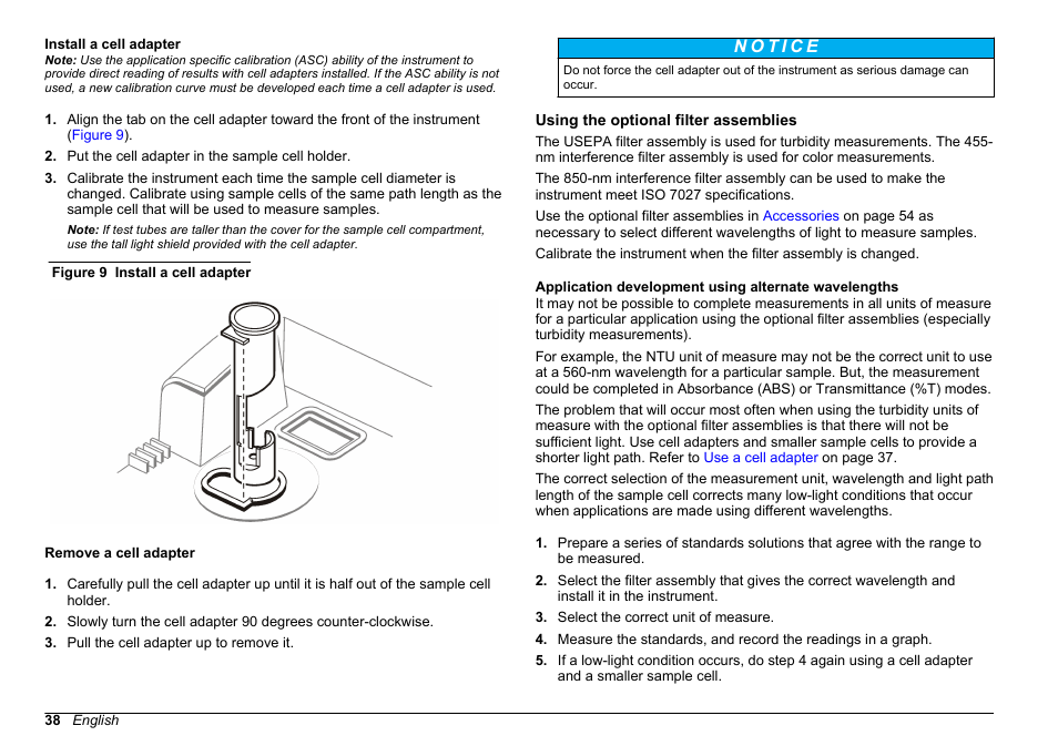 Install a cell adapter, Remove a cell adapter, Using the optional filter assemblies | Install a cell adapter remove a cell adapter | Hach-Lange 2100 AN Laboratory Turbidimeter User Manual User Manual | Page 40 / 60