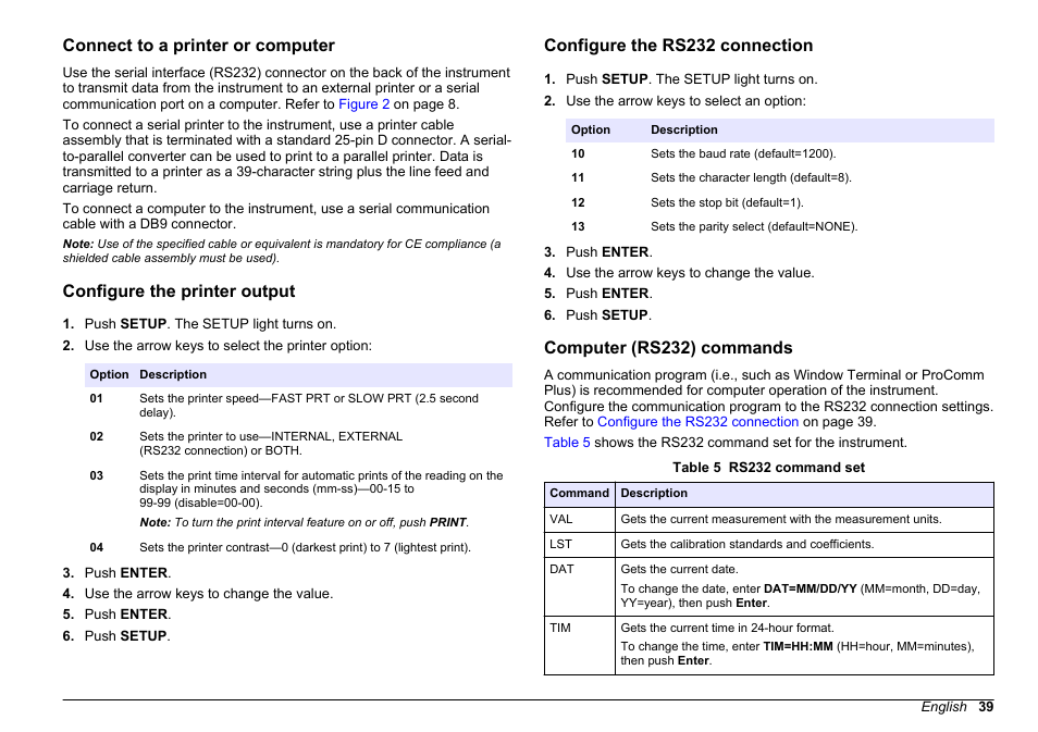 Connect to a printer or computer, Configure the printer output, Configure the rs232 connection | Computer (rs232) commands, Configure, The printer output, Refer to | Hach-Lange 2100 AN Laboratory Turbidimeter User Manual User Manual | Page 41 / 60