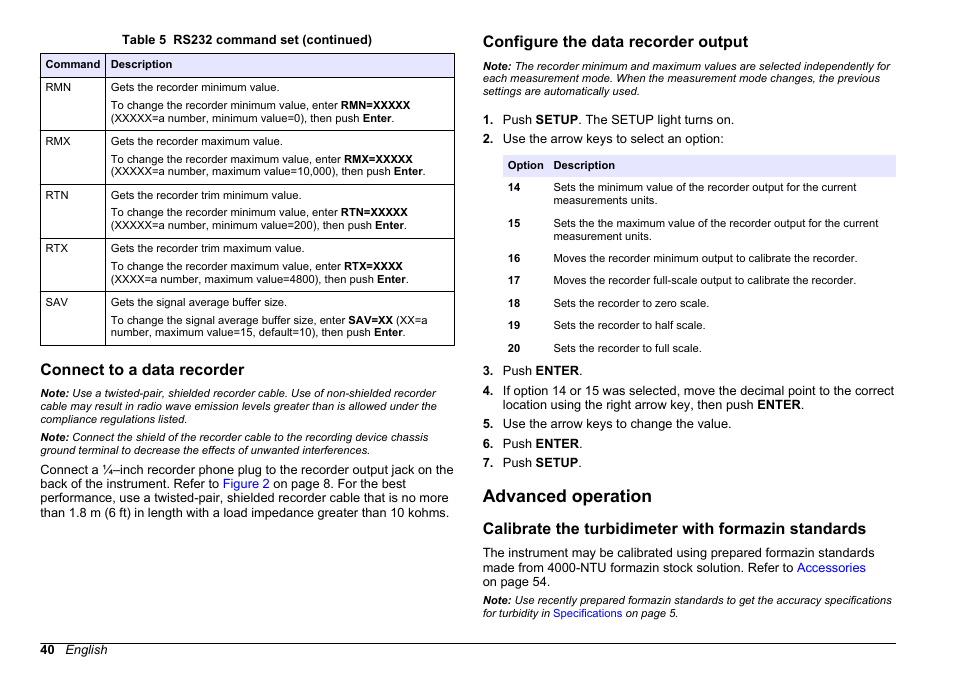 Connect to a data recorder, Configure the data recorder output, Advanced operation | Calibrate the turbidimeter with formazin standards | Hach-Lange 2100 AN Laboratory Turbidimeter User Manual User Manual | Page 42 / 60