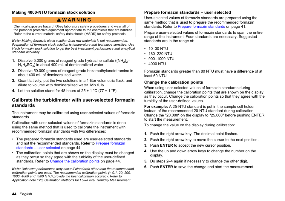 Making 4000-ntu formazin stock solution, Prepare formazin standards – user selected, Change the calibration points | Making 4000-ntu, Formazin stock solution | Hach-Lange 2100 AN Laboratory Turbidimeter User Manual User Manual | Page 46 / 60