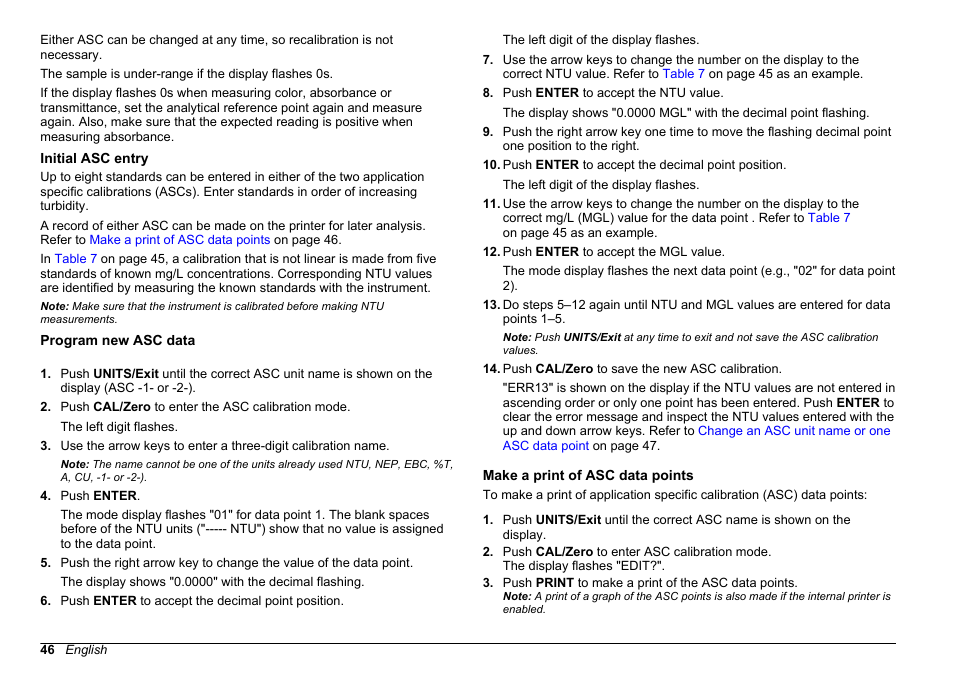 Initial asc entry, Program new asc data, Make a print of asc data points | The instrument memory. refer to | Hach-Lange 2100 AN Laboratory Turbidimeter User Manual User Manual | Page 48 / 60