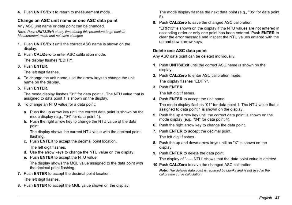 Change an asc unit name or one asc data point, Delete one asc data point, Change an asc unit name or one | Asc data point | Hach-Lange 2100 AN Laboratory Turbidimeter User Manual User Manual | Page 49 / 60