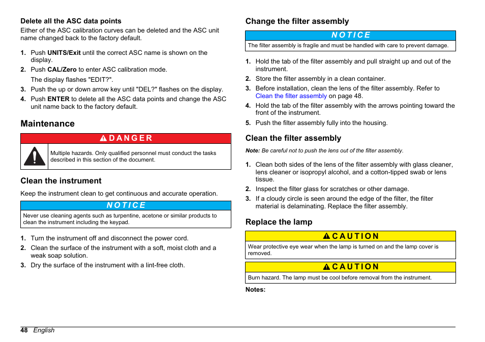Delete all the asc data points, Maintenance, Clean the instrument | Change the filter assembly, Clean the filter assembly, Replace the lamp, Clean the filter, Assembly | Hach-Lange 2100 AN Laboratory Turbidimeter User Manual User Manual | Page 50 / 60