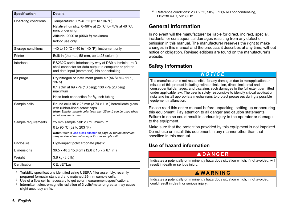 General information, Safety information, Use of hazard information | Safety information use of hazard information | Hach-Lange 2100 AN Laboratory Turbidimeter User Manual User Manual | Page 8 / 60