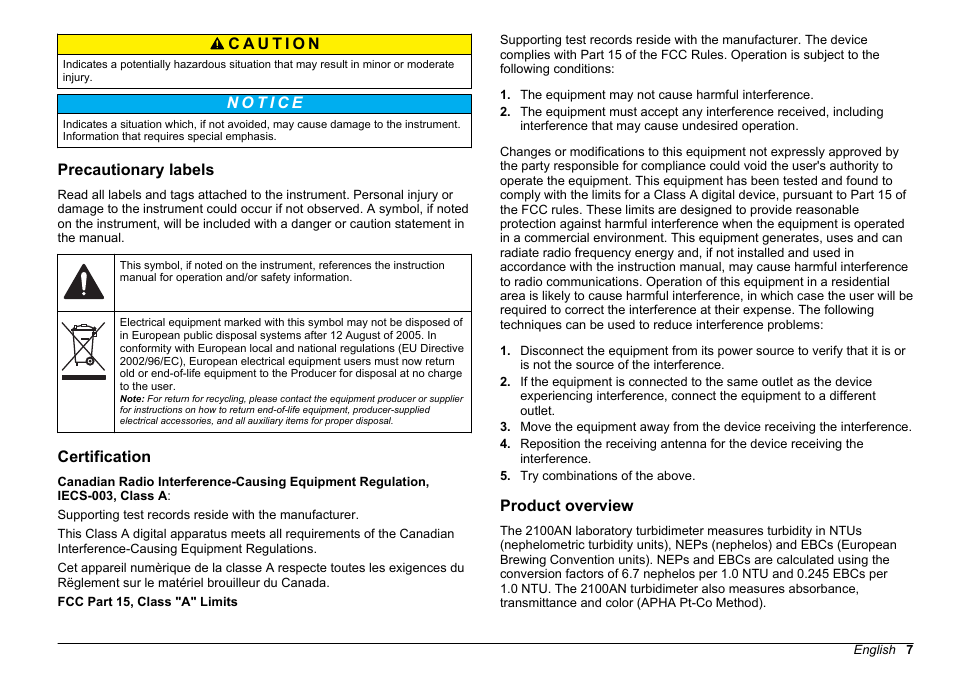Precautionary labels, Certification, Product overview | Hach-Lange 2100 AN Laboratory Turbidimeter User Manual User Manual | Page 9 / 60