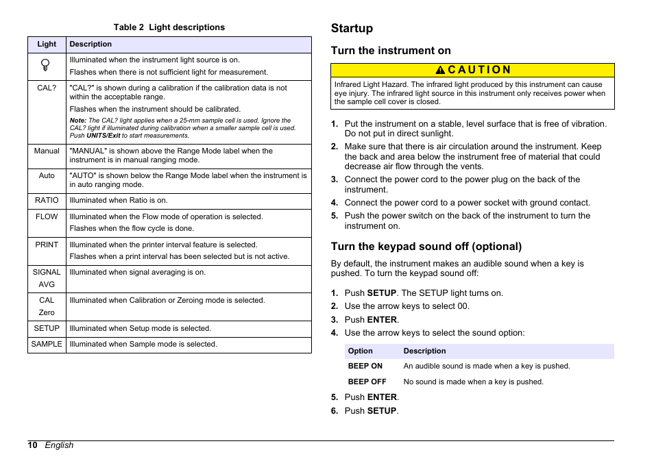 Startup, Turn the instrument on, Turn the keypad sound off (optional) | Hach-Lange 2100 AN IS Laboratory Turbidimeter Basic User Manual User Manual | Page 10 / 76