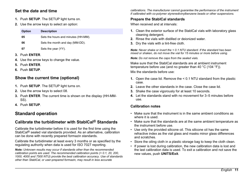 Set the date and time, Show the current time (optional), Standard operation | Prepare the stablcal standards, Calibration notes, Calibrate the turbidimeter with stablcal, Standards | Hach-Lange 2100 AN IS Laboratory Turbidimeter Basic User Manual User Manual | Page 11 / 76