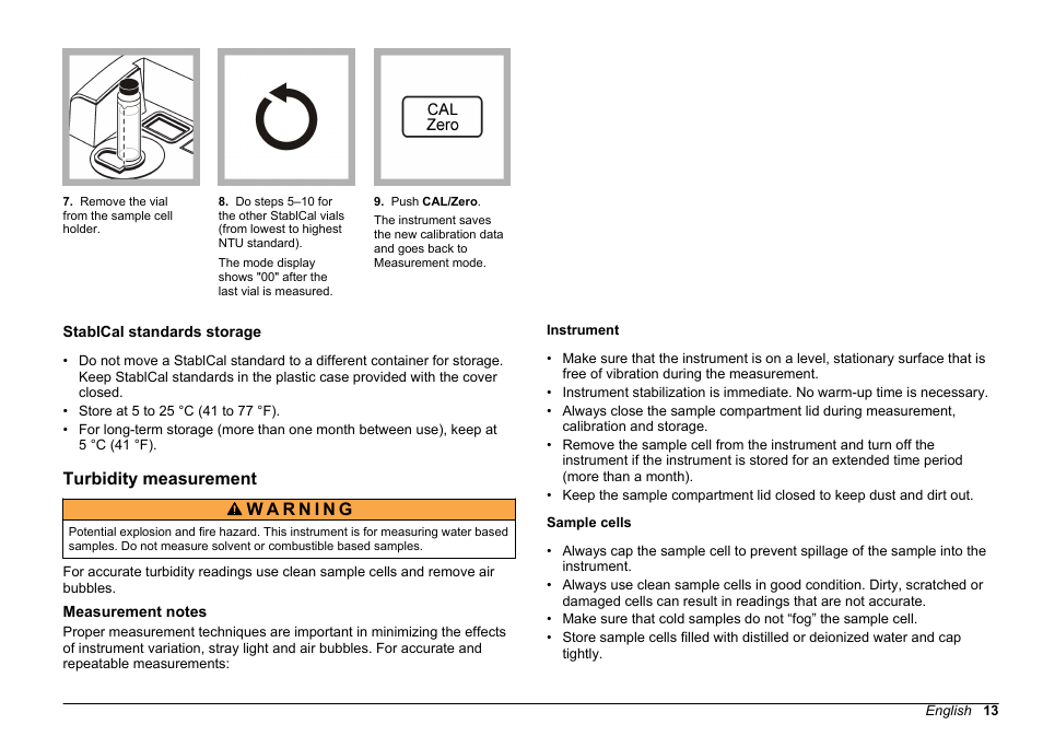 Stablcal standards storage, Turbidity measurement, Measurement notes | Hach-Lange 2100 AN IS Laboratory Turbidimeter Basic User Manual User Manual | Page 13 / 76