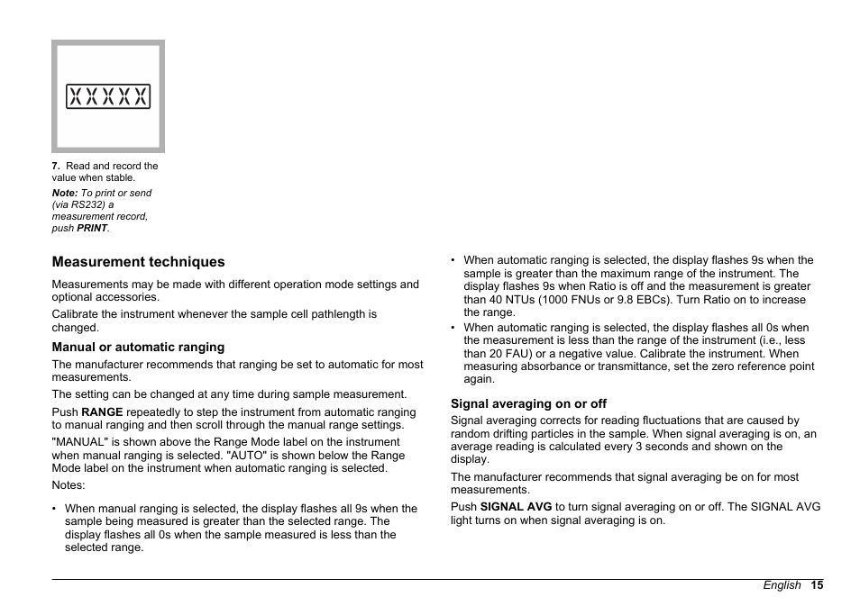 Measurement techniques, Manual or automatic ranging, Signal averaging on or off | Hach-Lange 2100 AN IS Laboratory Turbidimeter Basic User Manual User Manual | Page 15 / 76