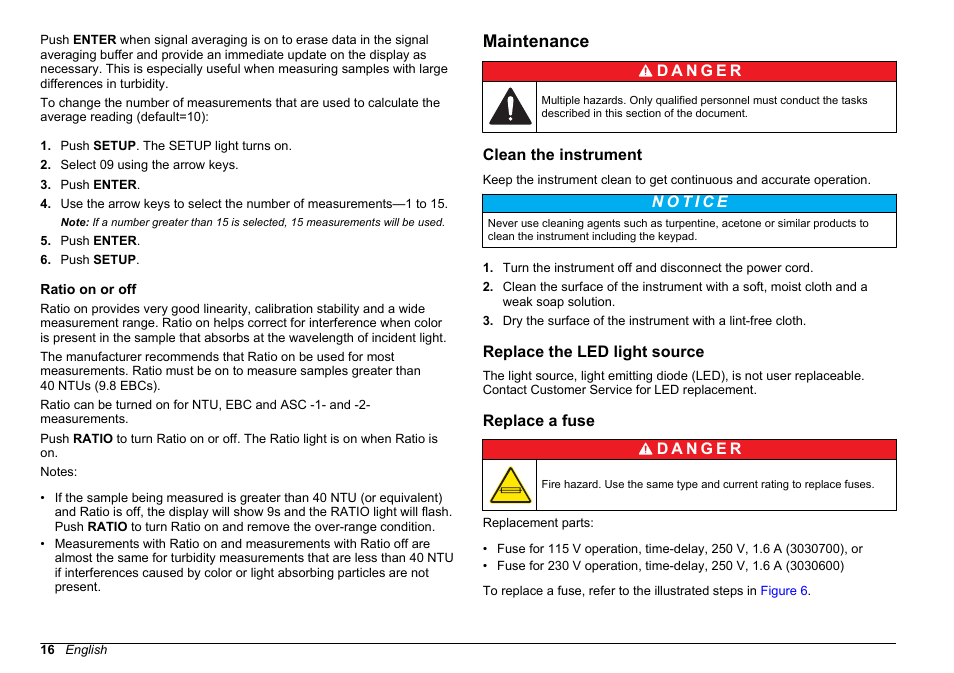 Ratio on or off, Maintenance, Clean the instrument | Replace the led light source, Replace a fuse | Hach-Lange 2100 AN IS Laboratory Turbidimeter Basic User Manual User Manual | Page 16 / 76