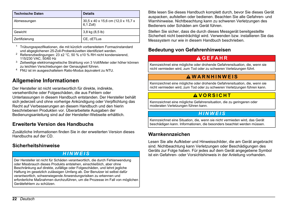 Allgemeine informationen, Erweiterte version des handbuchs, Sicherheitshinweise | Bedeutung von gefahrenhinweisen, Warnkennzeichen | Hach-Lange 2100 AN IS Laboratory Turbidimeter Basic User Manual User Manual | Page 22 / 76