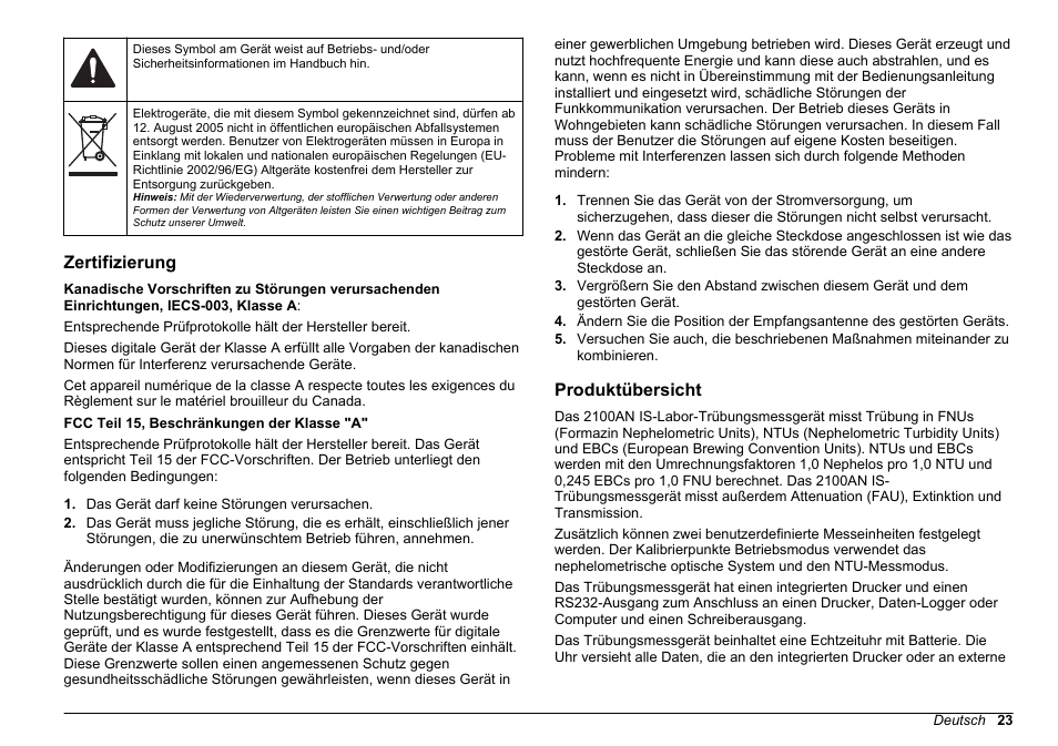 Zertifizierung, Produktübersicht | Hach-Lange 2100 AN IS Laboratory Turbidimeter Basic User Manual User Manual | Page 23 / 76