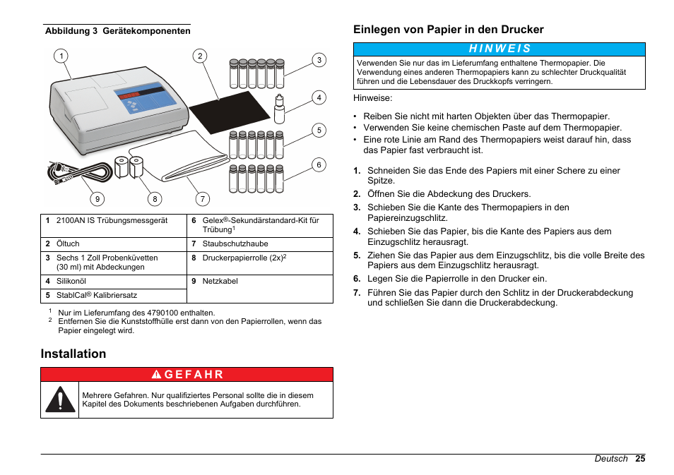 Installation, Einlegen von papier in den drucker | Hach-Lange 2100 AN IS Laboratory Turbidimeter Basic User Manual User Manual | Page 25 / 76