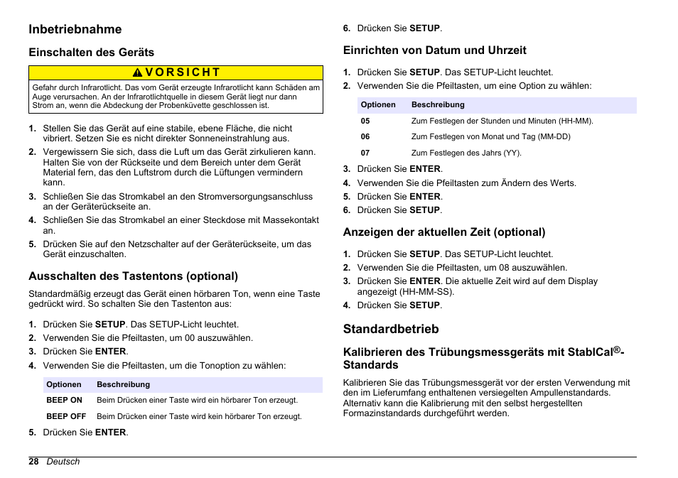 Inbetriebnahme, Einschalten des geräts, Ausschalten des tastentons (optional) | Einrichten von datum und uhrzeit, Anzeigen der aktuellen zeit (optional), Standardbetrieb, Auf seite 28 | Hach-Lange 2100 AN IS Laboratory Turbidimeter Basic User Manual User Manual | Page 28 / 76