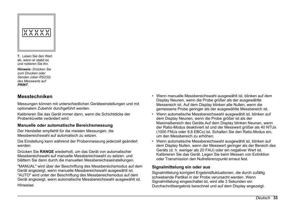 Messtechniken, Manuelle oder automatische bereichsmessung, Signalmittelung ein oder aus | Hach-Lange 2100 AN IS Laboratory Turbidimeter Basic User Manual User Manual | Page 33 / 76